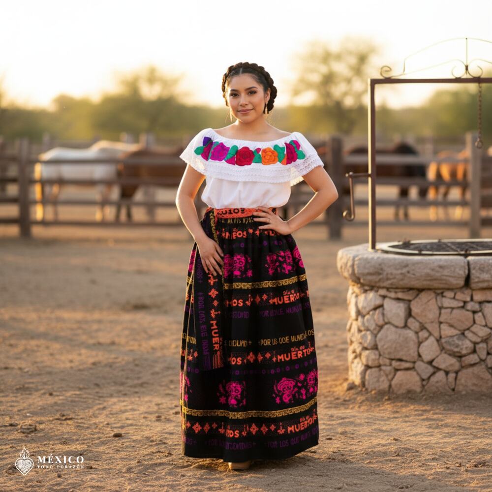 Traditional Mexican Floral Cambaya Dress Set – Handmade Three-Pieces S to 1Xl
